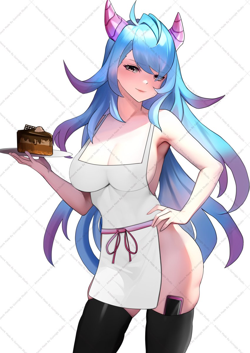 1girls bedroom_eyes blue_hair cake cake_slice cleavage cygames dragalia_lost dragon dragon_girl dragon_horns female female_only gradient_hair gunnigle hand_on_hip hips large_breasts mercury_(dragalia_lost) milf naked_apron nintendo nude_female picket_fences_(series) sideboob smartphone smile thighhighs watermark white_background