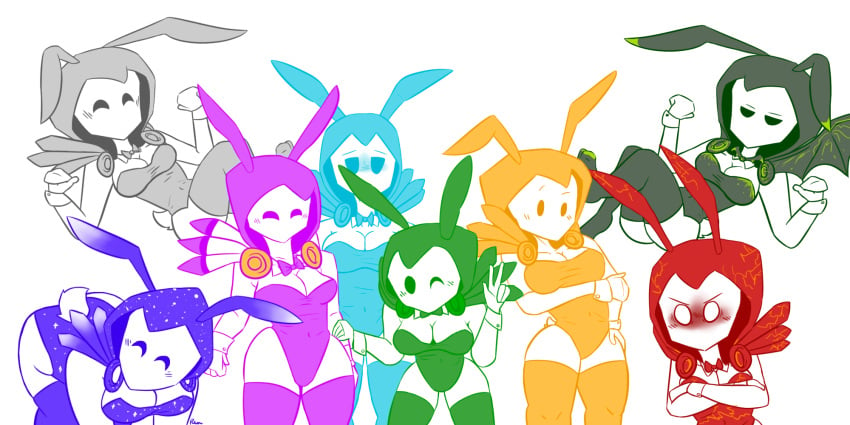 angry_face ass ass_up bat_wings bowtie bowtie_collar breasts breasts bunny_ear bunny_girl bunny_suit bunny_tail bunnysuit crossed_arms dominus embarrassed embarrassed_female feet flying harem hood hooded hooded_cloak kneeling multiple_girls posing rainbow roblox robloxian socks star stars thick thick_thighs thigh_highs thighhighs wings