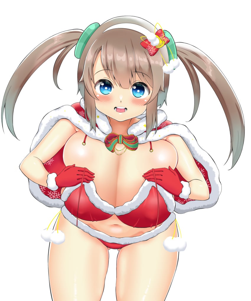 1girls ass_visible_through_thighs bangs bikini blue_eyes blush breasts breasts_bigger_than_head brown_hair capelet christmas cleavage fur-trimmed_capelet fur_trim gloves hairband hands_on_own_chest huge_breasts leaning_forward lingerie long_hair looking_at_viewer marvelous minori_(senran_kagura) nagashima_l navel open_mouth red_bikini red_gloves santa_bikini senran_kagura senran_kagura_(series) senran_kagura_estival_versus senran_kagura_new_link senran_kagura_shinovi_versus shiny shiny_skin shortstack simple_background smile solo thighs twintails untied_bikini untied_bra white_background