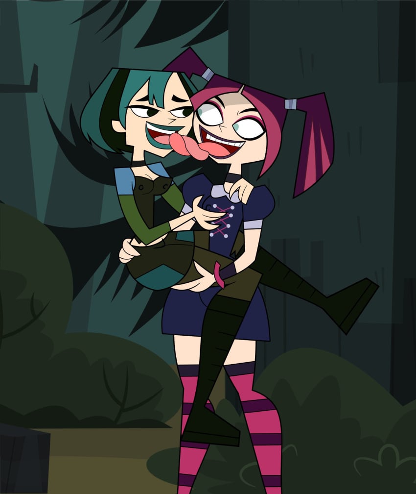 2girls accurate_art_style black_eyes blue_eyes cartoon cartoon_network choker dyed_hair goth goth_girl gwen_(tdi) holding_partner kissing lesbian_kiss making_out pennsatucky purple_eyeshadow scary_girl_(tdi) short_hair tongue total_drama_(series) total_drama_island total_drama_island_(2023) twintails yuri