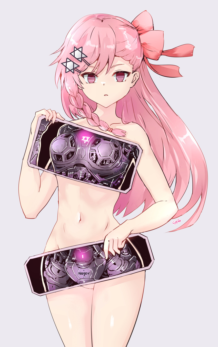 1girls barcode barcode_tattoo braid braided_hair breasts cable components deactivated emotionless empty_eyes girls'_frontline glitch glitched_eyes internal_view light mechabare mechanical metallic_body naked naked_female negev_(girls_frontline) no_clothing no_nipples pelvic_line pelvis pink_hair red_eyes red_light robot robot_girl robot_humanoid robot_joints robotic_arm robotic_genitalia robotic_legs robotic_limbs robotic_reveal serial_number star_of_david transparent_body wire x-ray