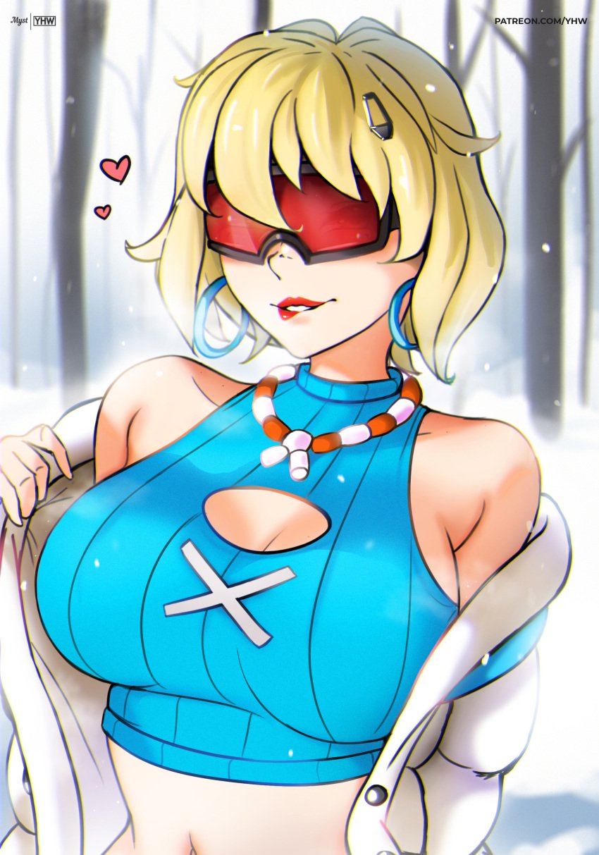 big_breasts biting_lip blonde_hair breasts breasts_out clothed clothed_female evie_(fortnite) fortnite heart looking_at_viewer myst necklace red-tinted_eyewear snow snowing soft_shading summitseeker_evie_(fortnite) tinted_eyewear undressing visor yhw