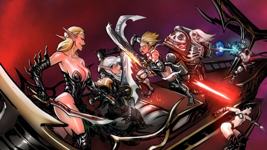 4girls artofgroz battle chaos_(warhammer) chaos_space_marine dark_eldar drukhari eldar female multiple_girls tagme warhammer_(franchise) warhammer_40k