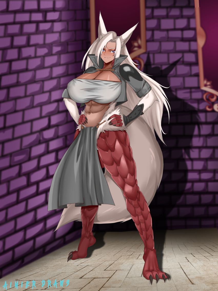 1futa abs aimiierdraws breasts clothed clothing dark-skinned_futanari dehala_(praxxys_dangar) flaccid futa_only futanari huge_breasts humanoid implied_futanari long_hair monster_girl mostly_clothed original_character solo standing thick_thighs white_hair