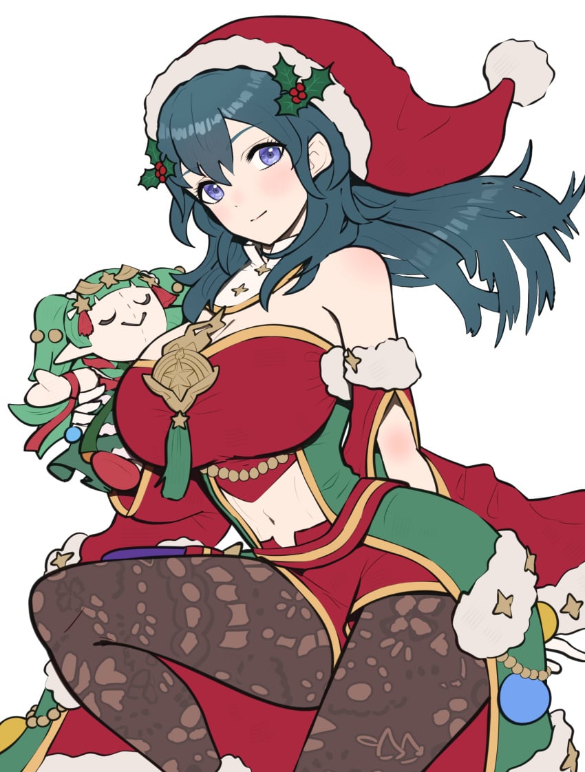 1girls alternate_costume bare_midriff blue_eyes breasts byleth_(female)_(fire_emblem) byleth_(female)_(frosty_professor)_(fire_emblem) byleth_(fire_emblem) byleth_(fire_emblem)_(female) character_doll christmas cleavage doll female female_only fire_emblem fire_emblem:_three_houses fire_emblem_heroes gonzarez hat large_breasts leggings looking_at_viewer midriff navel nintendo official_alternate_costume pantyhose plushie santa_hat shorts smile solo teal_hair white_background