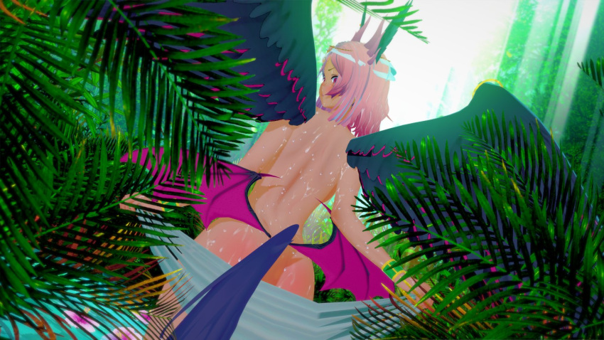 1girls back_to_viewer female indie_virtual_youtuber jungee looking_at_viewer looking_back looking_back_at_viewer pink_hair solo solo_female tagme tail tan-skinned tan-skinned_female topless topless_female trickywi undressing virtual_youtuber wings