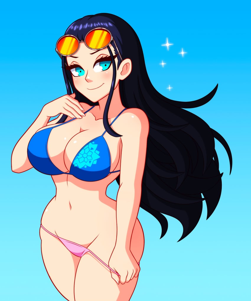 1girls bikini black_hair blue_bikini_top breasts chemical_bro cleavage female female_only long_hair navel nico_robin one_piece pink_bikini_bottom post-timeskip solo sunglasses sunglasses_on_head tagme white_skin