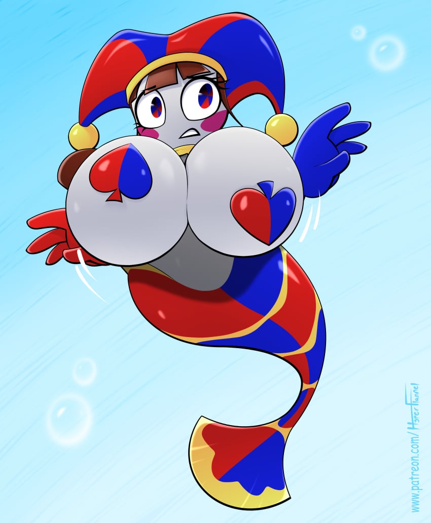 1girls 2023 big_breasts big_gloves big_hands breast_expansion breast_inflation breasts cleavage clown clown_girl clownfish female fish_tail glitch_productions gooseworx hourglass_figure huge_breasts hyper hyper_breasts hyperflannel jester jester_hat massive_breasts mermaid mermaid_tail mermaid_transformation midriff pomni pomni_(the_amazing_digital_circus) the_amazing_digital_circus transformation wide_hips