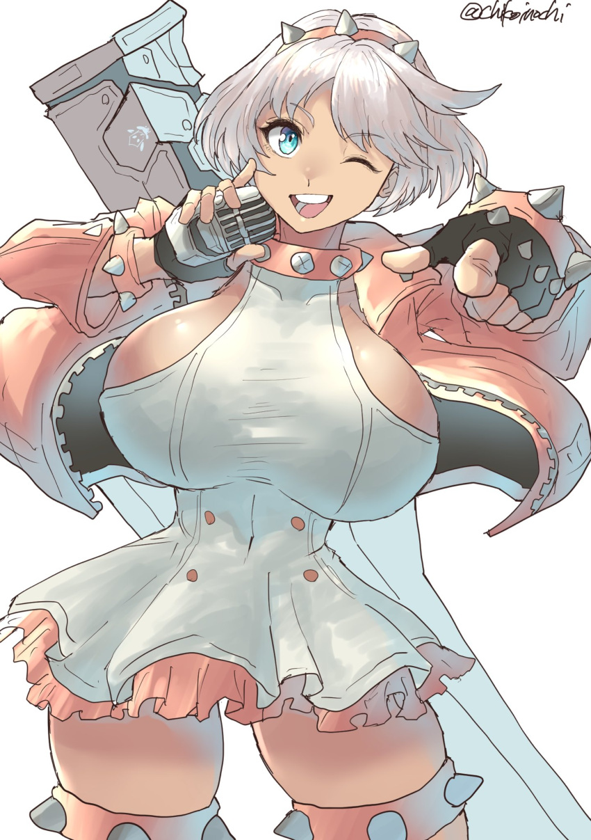 1girls aqua_eyes artist_signature breasts chikoinochi collar elphelt_valentine fingerless_gloves fully_clothed guilty_gear guilty_gear_strive highres huge_breasts light_skin looking_at_viewer pink_jacket short_hair thick_thighs white_hair wink