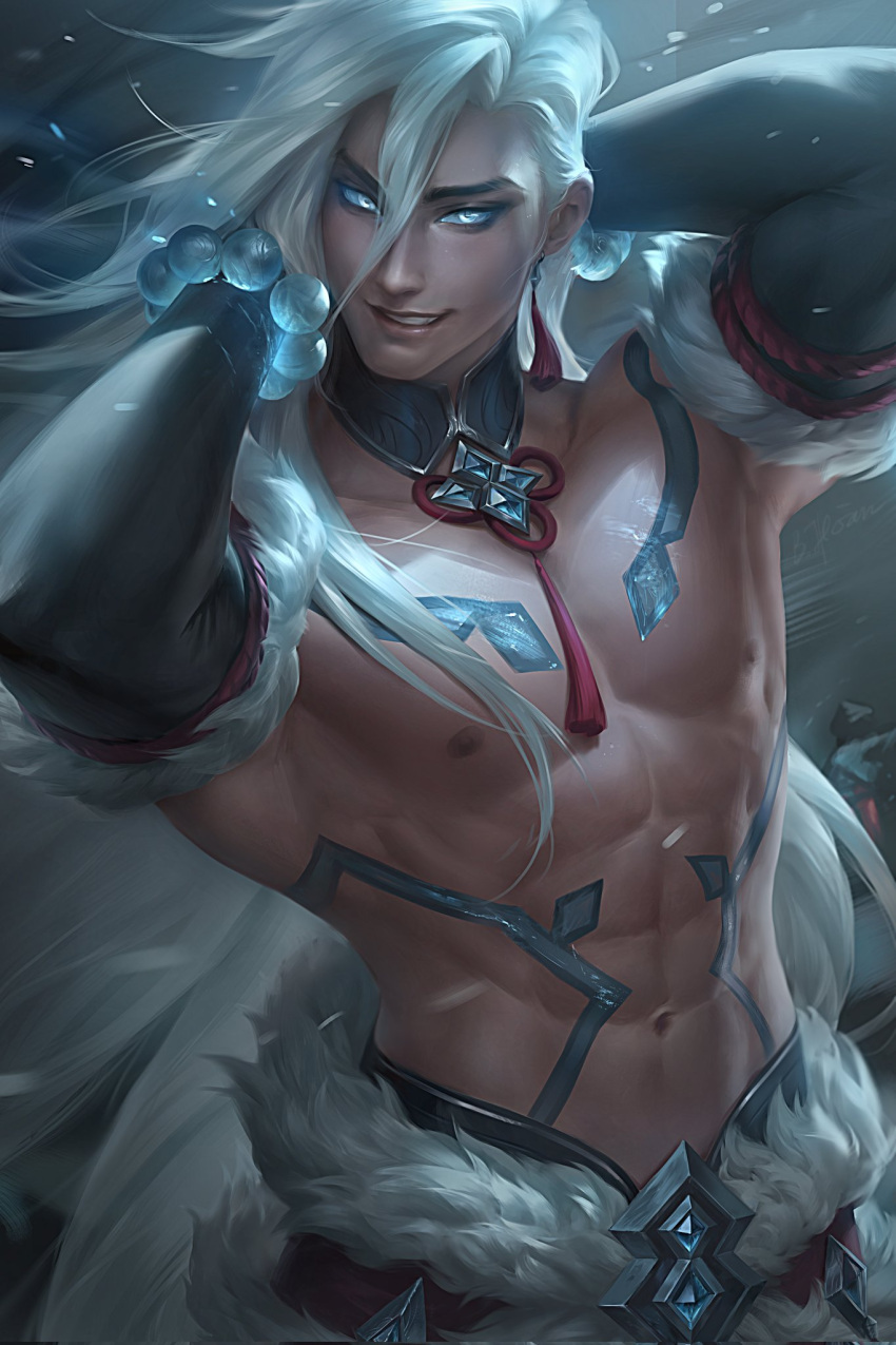 abs arms_up azalien bich_hoan bichhoan blood_moon_series blue_eyes chest kayn league_of_legends long_hair looking_back male male_chest male_focus male_only muscular_arms pecs pectorals shirtless snow_moon_kayn solo solo_focus solo_male tattoo very_long_hair white_hair