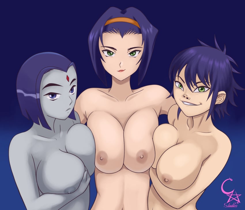 3girls big_breasts breasts breasts_out cockstar_studios cowboy_bebop faye_valentine female female_only gorillaz looking_at_viewer noodle_(gorillaz) raven raven_(dc) teen_titans