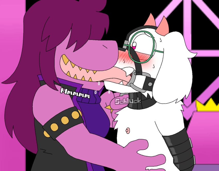 anthro blush bondage collar color colored deltarune female female_on_top forced_kiss french_kiss french_kissing fur gay_male lillyluvmonster_(artist) makeout making_out male open_mouth open_mouth_gag ralsei rape raped susie_(deltarune) tongue_kiss white_fur