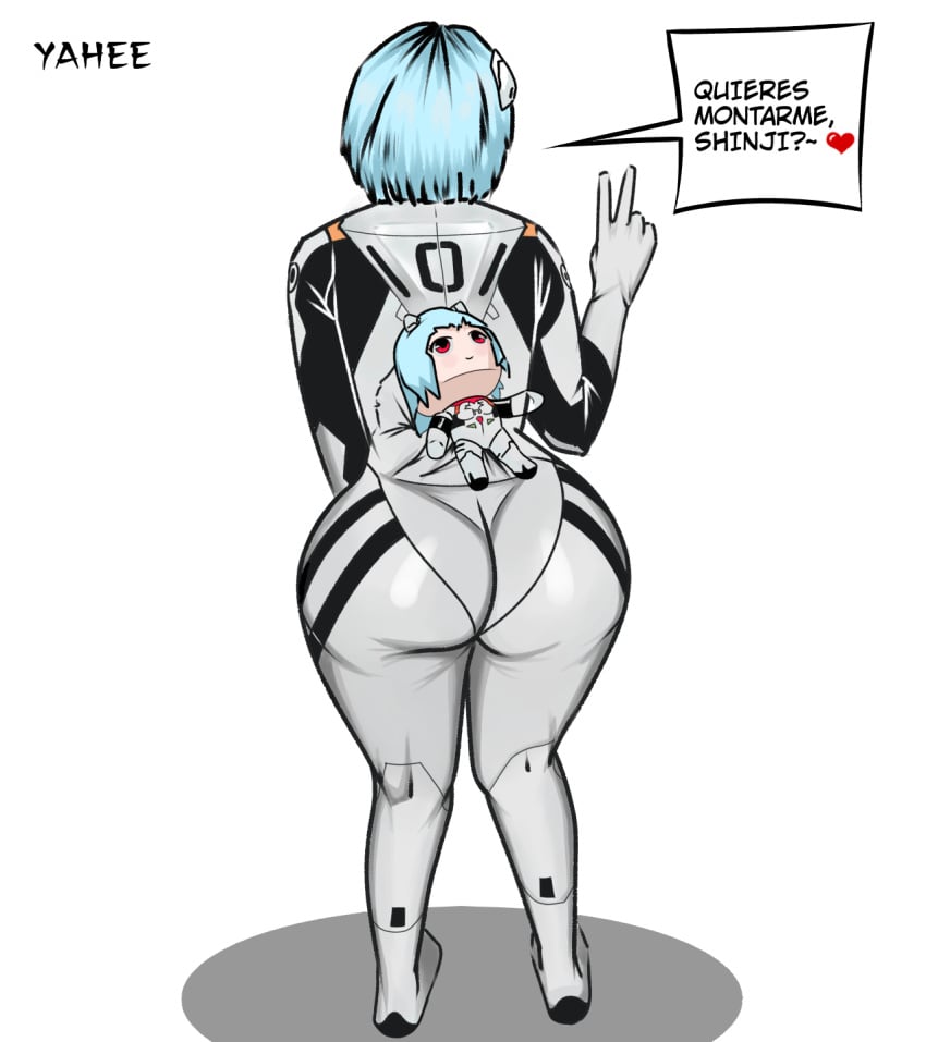 1girls ass blue_hair botty female female_only leaning_forward neon_genesis_evangelion peace_sign plugsuit rei_ayanami rei_chikita seductive spanish_text tight_clothing