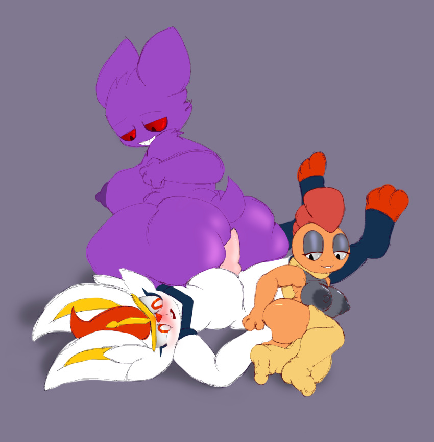 absurd_res anthro ass bedroom_eyes big_breasts big_butt breasts cinderace female fuzefurry generation_1_pokemon generation_5_pokemon generation_8_pokemon gengar genitals grey_nipples group hi_res hot_dogging male narrowed_eyes nintendo nipples penis pokemon pokemon_(species) purple_nipples scrafty seductive sex trio