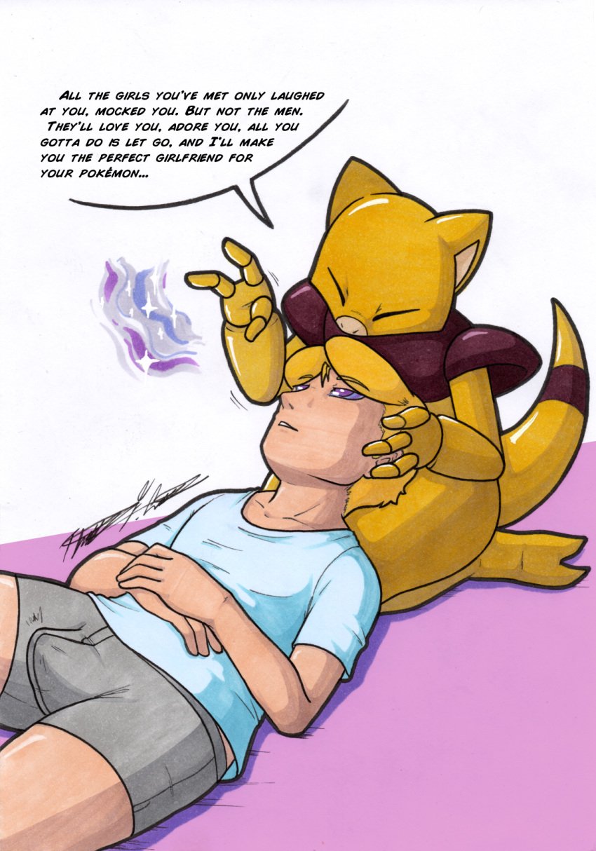 abra anthro clothed clothing duo erection erection_under_clothing generation_1_pokemon head_on_lap hi_res hypnosis male male/male mind_control nintendo on_lap pokemon pokemon_(species) rotten_owl simple_background tail tenting text traditional_media_(artwork) underwear white_background