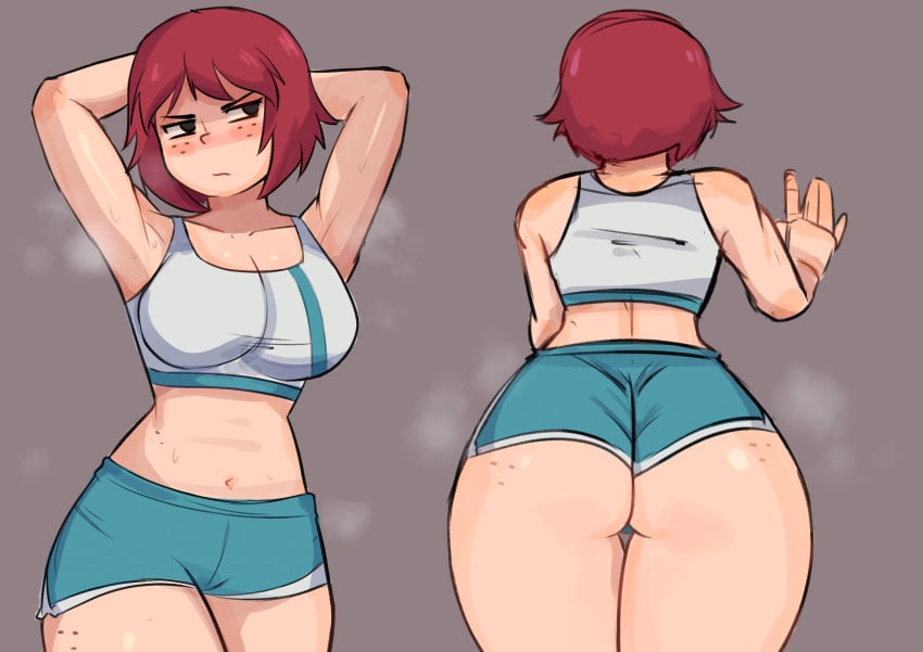 1girls arms_behind_head arms_up ass back_view big_thighs black_eyes freckles freckles_on_ass freckles_on_face freckles_on_stomach freckles_on_thighs kim_pine red_hair scott_pilgrim short_hair simple_background sports_bra sports_shorts sportswear zero_dead_zone