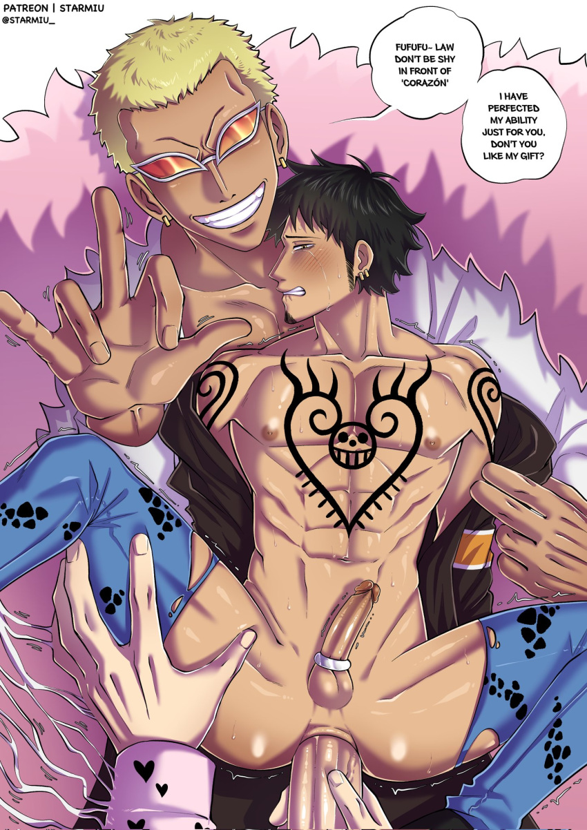 3boys abs akuma_no_mi anal ass black_hair blonde_hair blue_pants blush chest_tattoo coat crying denim donquixote_doflamingo donquixote_rosinante earrings english_text erection evil_smile facial_hair gay goatee group_sex height_difference ito_ito_no_mi jeans jewelry large_penis long_sleeves male male/male/male male_focus male_only multiple_boys muscular muscular_male navel nipples one_piece pants pectorals penis pink_coat sex shoes short_hair shoulder_tattoo size_difference smile speech_bubble spread_legs starmiu sunglasses tattoo teeth testicles threesome torn_clothes torn_pants trafalgar_law trembling yaoi