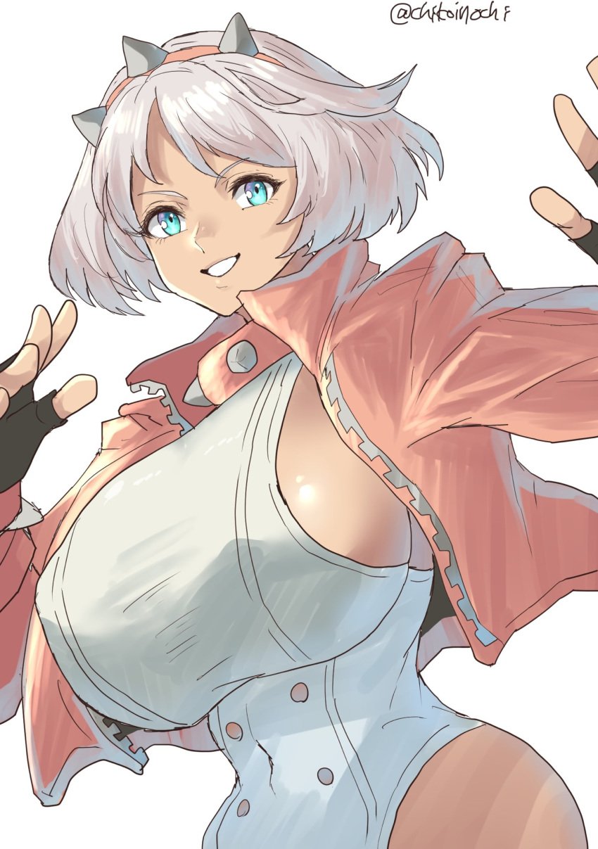 1girls aqua_eyes artist_signature breasts chikoinochi collar elphelt_valentine fully_clothed guilty_gear guilty_gear_strive headband highres huge_breasts light_skin looking_at_viewer pink_jacket short_hair sideboob solo white_hair