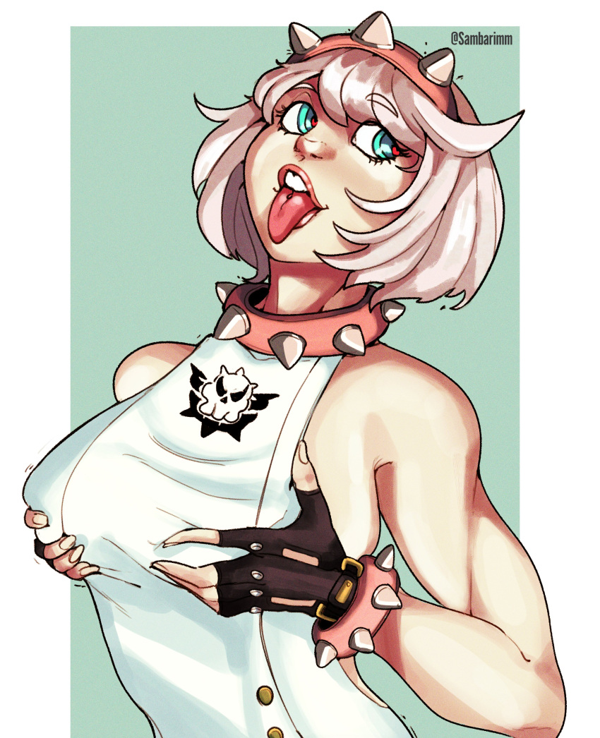 artist_request bare_arms bare_shoulders big_breasts blue_eyes elphelt_valentine grabbing_own_breast guilty_gear guilty_gear_strive guilty_gear_xrd heart light-skinned_female light_skin pale-skinned_female pale_skin sambarimm sideboob solo solo_female solo_focus spiked_bracelet spiked_collar teeth tongue tongue_out tongue_piercing white_hair