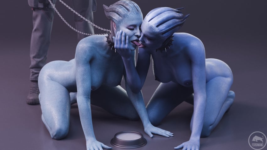 3d alien asari blender blue_body blue_skin chains ferdinand_(artist) kissing lesbian_kiss liara_t'soni mass_effect petplay samara yuri