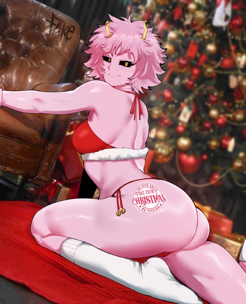 1girls antennae ass black_sclera breasts christmas dat_ass fake_(artist) female hi_res huge_breasts large_ass looking_at_viewer mina_ashido my_hero_academia naughty_face pink_body pink_hair pink_skin smile thick_thighs yellow_eyes