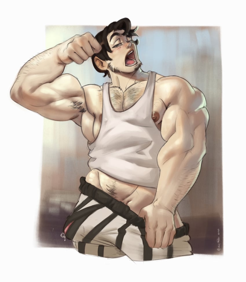 1boy 2023 armpit_hair bara bara_tits barazoku beard_stubble beowulf_(skullgirls) big_penis black_hair blush body_hair boxers bulge bulge_through_clothing clothing erection erection_under_clothes flexing_bicep gay hairy_chest hairy_male looking_at_viewer male male_focus male_nipples male_only male_pubic_hair manly muscular_male nipples nizzpe_ro0 penis penis_outline precum precum_drip precum_through_underwear skullgirls solo solo_male underwear yaoi