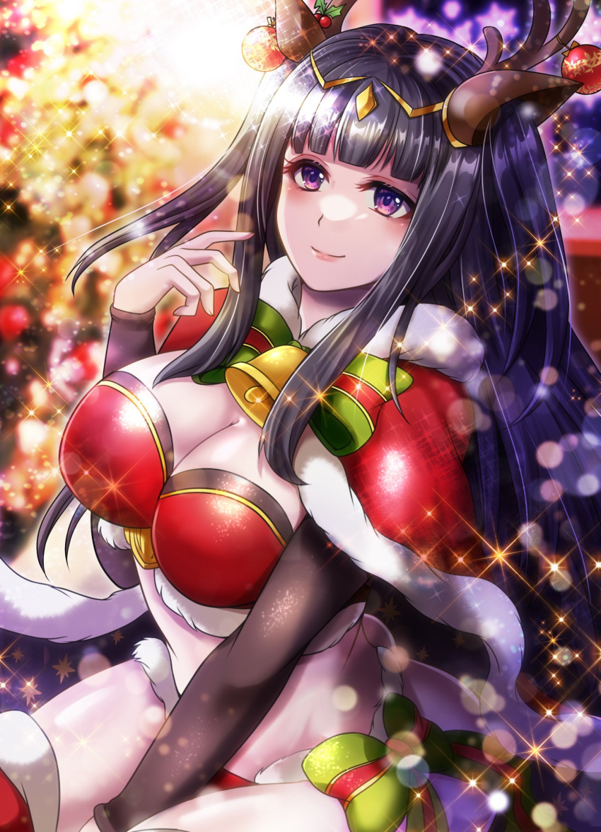 1girls akimiiiii alternate_costume antlers bell bikini black_hair breasts cape christmas christmas_ornaments cleavage fake_antlers female female_only fire_emblem fire_emblem_awakening fire_emblem_heroes fur_cape fur_trim highres large_breasts light_particles long_hair long_sleeves looking_at_viewer nintendo official_alternate_costume ornament purple_eyes reindeer_antlers ribbon santa_bikini smile solo swimsuit tharja_(fire_emblem) tharja_(winter)_(fire_emblem) thighhighs tiara two_side_up