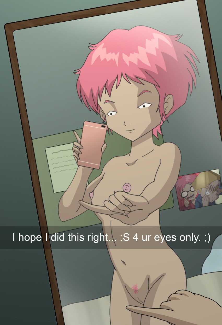 aelita_schaeffer breasts cellphone code_lyoko mirror nipples one_finger_selfie_challenge phone pink_hair pussy selfie sexting small_breasts snapchat