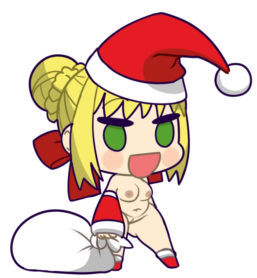 1girls belly belly_button breasts chibi christmas chubby chubby_female fate_(series) hexanne meme nero_claudius_(fate) nipples padoru_(meme) pussy santa_costume santa_hat solo solo_female