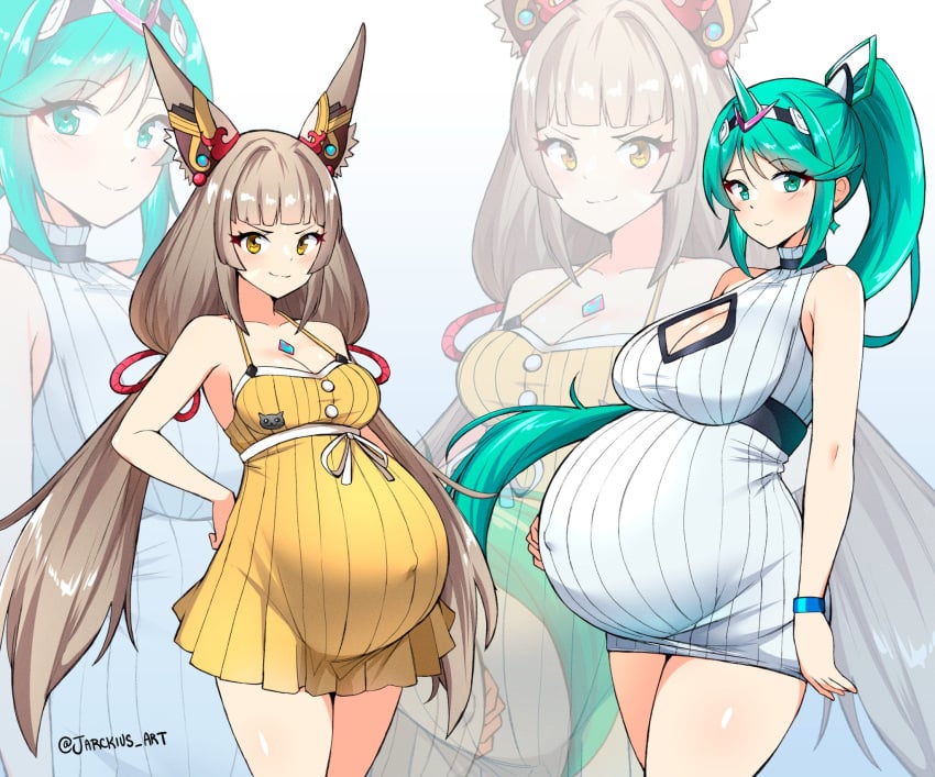 2girls accessory animal_ear_fluff animal_ears artist_name bangs bare_arms bare_shoulders bare_thighs belly belly_button big_belly big_breasts black_clothes black_clothing black_eyebrows black_eyelashes black_trim blue_bracelet blue_gem blue_gemstone blue_jewel blush blush_lines blushing_at_viewer blushing_female boob_window bow bracelet breasts brown_hair brown_hair_female brunette brunette_hair canon_pregnancy cleavage cleavage_cutout closed_mouth closed_smile clothed clothed_female clothes clothing collar collarbone collared collared_dress core_crystal core_crystal_(xenoblade) cropped cropped_legs digital_art digital_drawing_(artwork) digital_media digital_media_(artwork) double_pregnancy dress dress_straps duo duo_female duo_focus ear ear_fluff earring elbows eyebrow_visible_through_hair eyebrows eyelashes eyes fair-skinned_female fair_skin female female_focus female_only fringe fully_clothed fully_clothed_female gem gemstone gravid green_earring green_eyes green_hair hair hair_accessory hair_adornment hair_between_eyes hair_ornament hair_tie hand_on_belly hand_on_hip happy happy_female head_accessory head_ornament headgear headwear hi_res high_resolution highres huge_belly human human_only jarckius jewel jewellery jewelry kemonomimi light-skinned light-skinned_female light_brown_hair light_skin light_skinned light_skinned_female long_ears long_hair looking_at_viewer medium_breasts monolith_soft mouth mouth_closed multicolored_clothes multicolored_clothing multiple_pregnancies neck nia_(blade) nia_(xenoblade) nintendo nose outie_belly_button outie_navel pale-skinned pale-skinned_female pale_skin pale_skinned pale_skinned_female pneuma_(xenoblade) pointed_ears pointy_chin ponytail ponytail_(hair) ponytail_female ponytail_hair popped_navel pregnancy pregnant pregnant_belly pregnant_female pregnant_human ready_to_pop red_gem red_gemstone red_hair_tie red_jewel round_belly round_breasts shaded shading shadow shiny shiny_hair shiny_skin smile smile_at_viewer smiling smiling_at_viewer standing straps sundress thighs thighs_together tied_hair twintails twintails_(hairstyle) very_long_hair white_background white_bow white_clothes white_clothing white_dress white_trim xenoblade_(series) xenoblade_chronicles_(series) xenoblade_chronicles_2 yellow_clothes yellow_clothing yellow_dress yellow_eyes