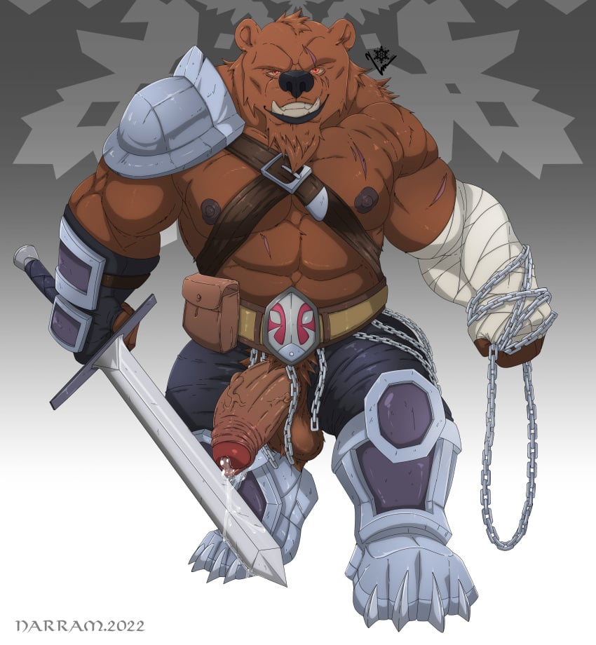 abs absurd_res anthro balls bandage bear bodily_fluids genital_fluids genitals hi_res leaking_precum lustful_desires male mammal melee_weapon muscular muscular_anthro muscular_male narram nipples official_art pecs penis precum scar solo sword vein veiny_penis weapon