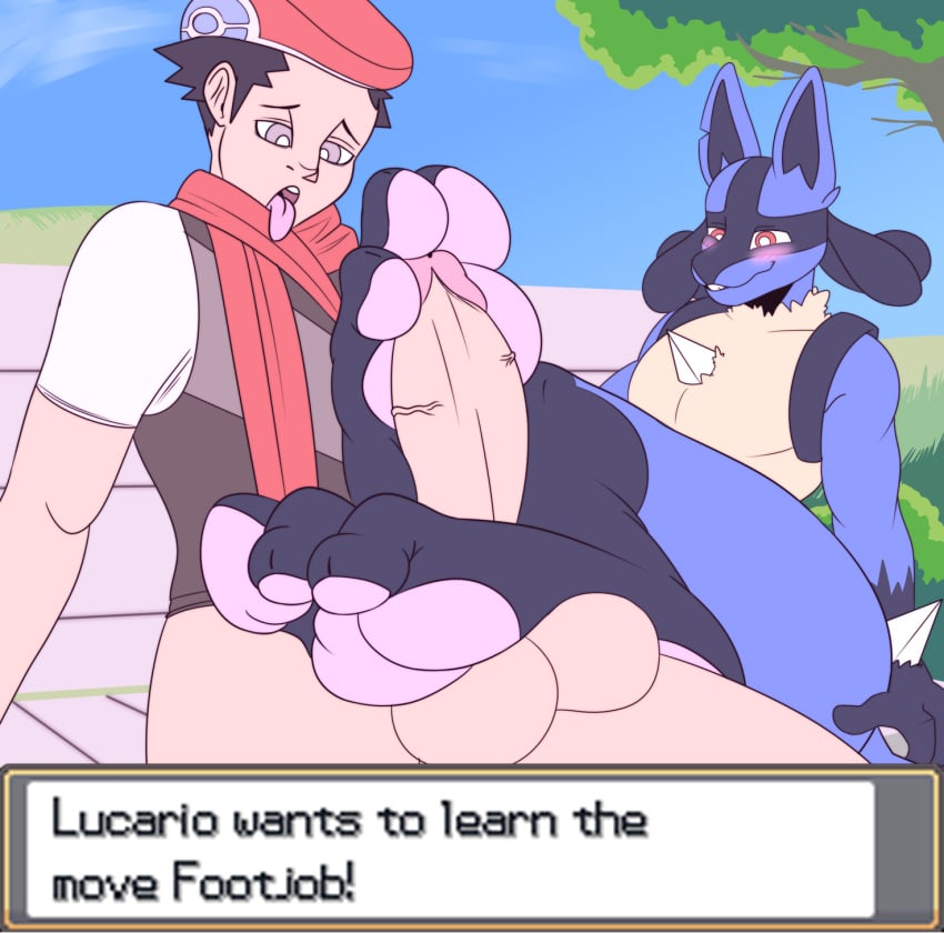 2boys bcm13 duo feet foot_fetish foot_play footjob generation_4_pokemon genitals hi_res human lucario lucas_(pokemon) male male_only mammal nintendo penis pokemon pokemon_(species) sex yaoi