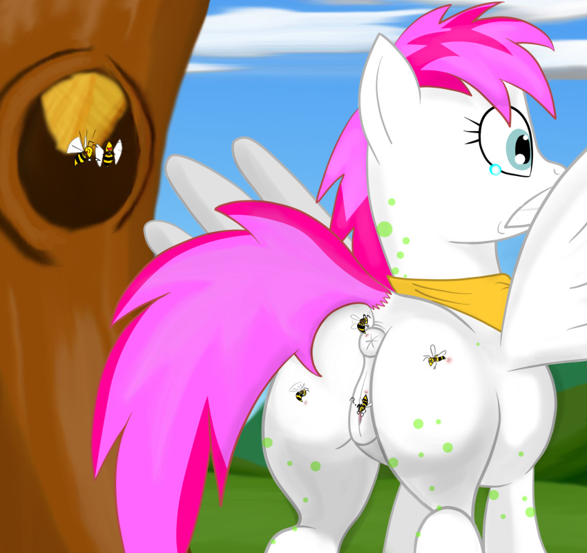 2013 anus ass bee bee_sting blue_eyes equine female grey_eyes hair horse my_little_pony original_character pegasus pink_hair pussy sting tear wings