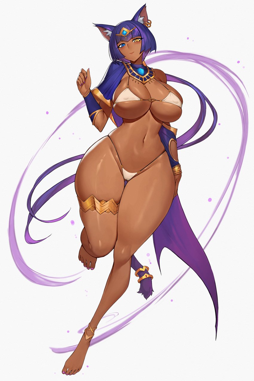 1girls animal_ears barefoot bastet bikini breasts cat_ears dark-skinned_female dark_skin egyptian_mythology female female_only female_solo gigantic_thighs goddess gurimjang heterochromia huge_breasts huge_thighs large_breasts navel skimpy skimpy_bikini skimpy_clothes solo solo_female string_bikini thick_thighs thighs white_background wide_hips