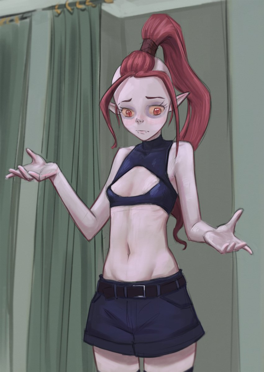 1girls bare_midriff bare_shoulders belly_button belt blush boob_window breasts changing_room cosplay cropped_shirt curtain eyebrows fangs female female_only gothetta_gothetticus gruftine hair_strand hi_res hips jean_shorts jeans keyhole_turtleneck leather_topwear long_hair midriff monster_girl nanakusa_nazuna_(cosplay) pale-skinned_female pale_skin pointy_ears ponytail red_eyes red_hair revealing_clothes school_for_vampires shorts small_breasts thighs unknown_source vampire vampire_girl