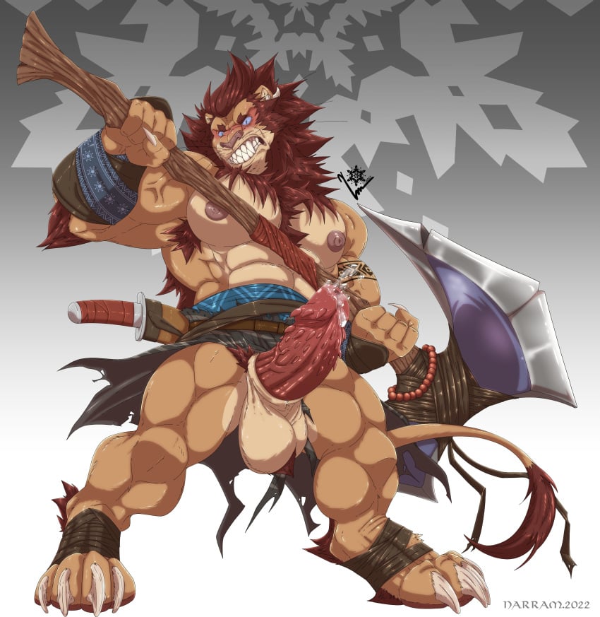 abs absurd_res animal_genitalia animal_penis anthro armpit_hair axe balls battle_axe bodily_fluids body_hair claws felid feline_genitalia feline_penis genital_fluids genitals hi_res leaking_precum lion lustful_desires male mammal muscular muscular_anthro muscular_male narram nipples official_art pantherine pecs penis precum sharp_teeth solo teeth vein veiny_muscles veiny_penis