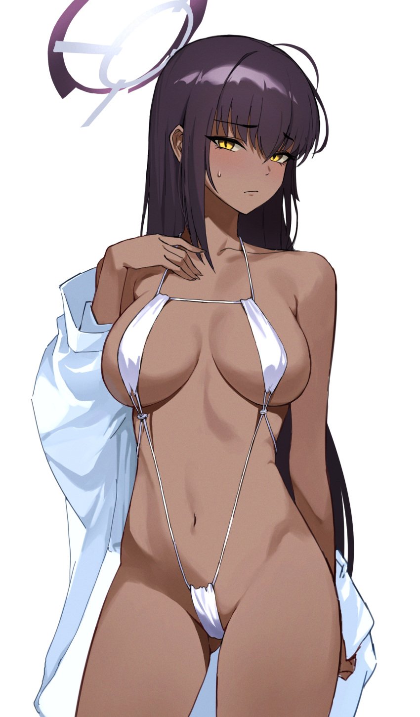 absurdres ahoge bikini black_hair blue_archive blush breasts breasts_apart cleaning_&_clearing_(blue_archive) closed_mouth collarbone dark-skinned_female dark_skin female gluteal_fold halo highres jason_kim karin_(blue_archive) karin_kakudate large_breasts long_hair looking_at_viewer millennium_science_school_student navel purple_halo shirt simple_background solo stomach straight_hair string_bikini sweatdrop swimsuit very_long_hair white_background white_bikini white_shirt