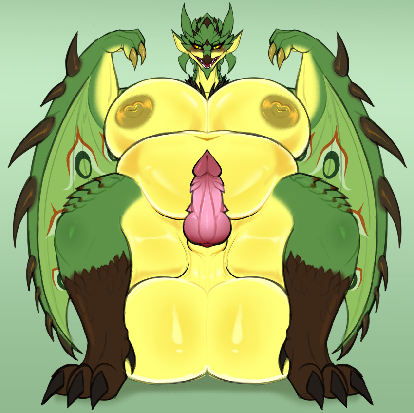 absurd_res anthro areola balls belly big_belly big_breasts breasts capcom claws curvy_figure digital_media_(artwork) dragon erection female flying_wyvern gaiki genitals gynomorph hi_res huge_breasts intersex looking_at_viewer membrane_(anatomy) membranous_wings monster_hunter nipples nude obese obese_anthro obese_female open_mouth oversized_balls overweight overweight_anthro overweight_female penis rath_wyvern rathian scales scalie simple_background smile solo thick_thighs voluptuous wide_hips wings wyvern