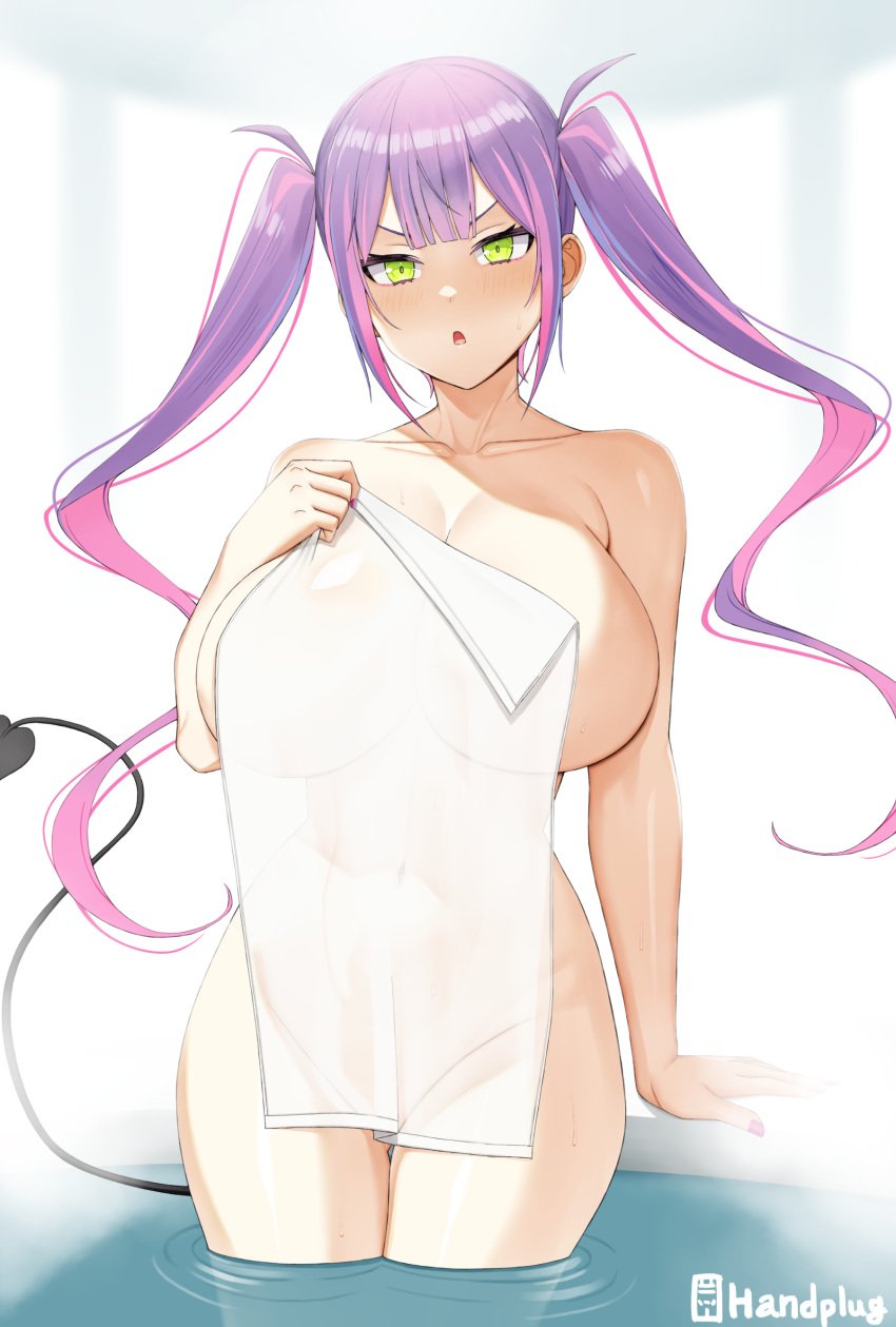 1girls artist_name bangs bathhouse big_breasts blunt_bangs breasts demon_girl demon_tail english english_text female green_eyes handplug hi_res hololive hololive_japan huge_breasts large_breasts light-skinned_female light_skin long_hair naked_towel naughty_face partially_submerged pink_hair purple_hair purple_nail_polish purple_nails sideboob sidelocks small_towel solo streaked_hair succubus thick_thighs tokoyami_towa towel towel_only twintails twintails_(hairstyle) two_tone_hair virtual_youtuber water wide_hips