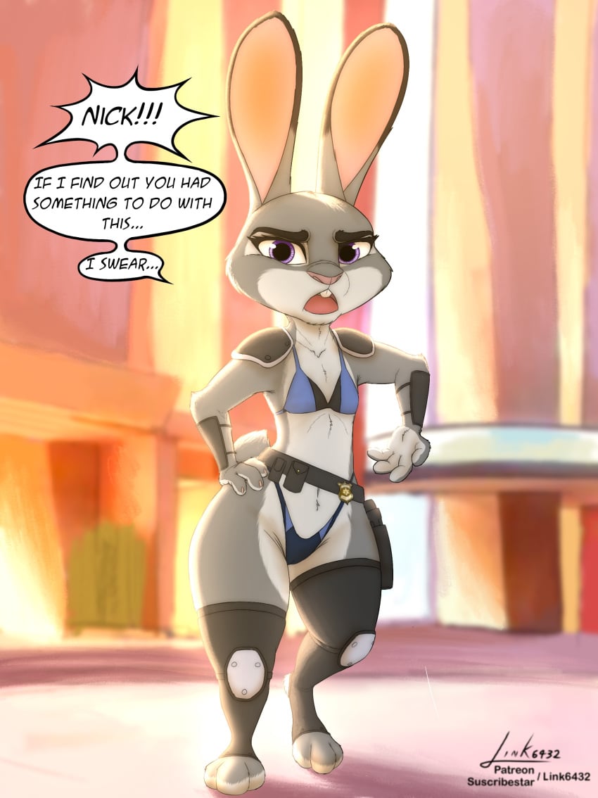 absurd_res anthro bikini breasts camel_toe clothed clothing digital_media_(artwork) disney english_text female fur grey_body grey_fur hi_res judy_hopps lagomorph leporid link6432 mammal police police_uniform rabbit solo swimwear tail text thick_thighs uniform zootopia