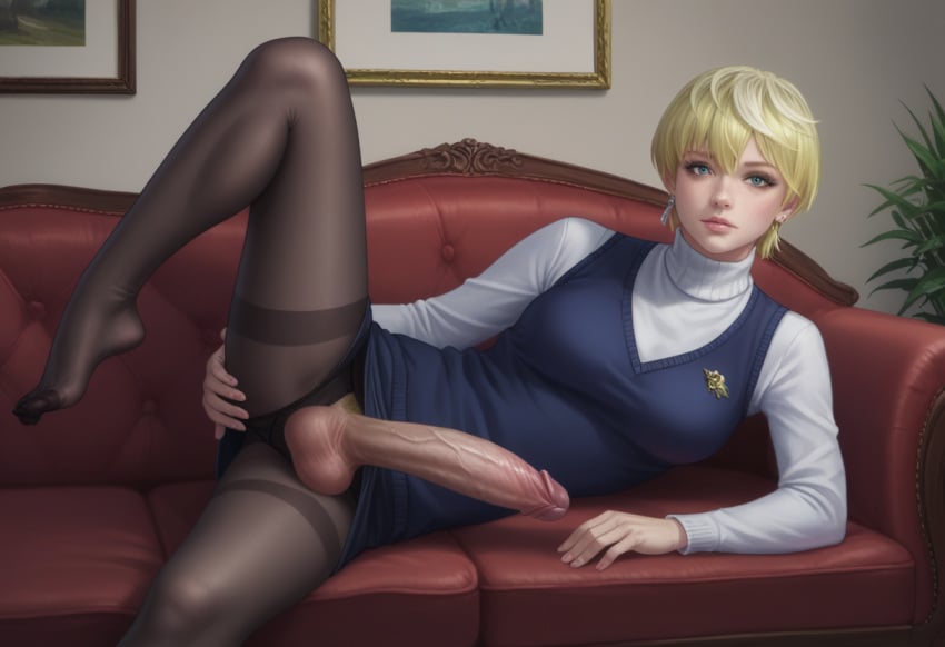 1futa ai_generated babski326 black_pantyhose blonde_hair blue_eyes breasts couch earrings erection feet futa_only futanari glans izumo_tenka jewelry leg_up lips looking_at_viewer lying mato_seihei_no_slave no_shoes on_side pantyhose penis pubic_hair purple_glans reclining short_hair skirt skirt_lift solo spread_legs sweater testicles thighband_pantyhose turtleneck turtleneck_sweater vein veins veiny_penis vest