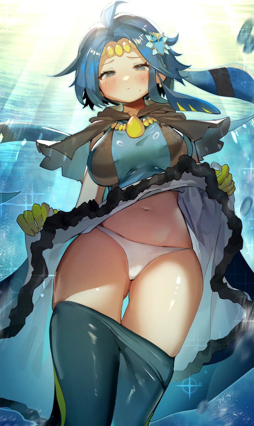 big_breasts blue_eyes blue_hair blush blushing_at_viewer breasts duel_monster female flashing flashing_panties humanoid looking_at_viewer marincess_blue_tang panties pants_down ro_g_(oowack) solo solo_female yu-gi-oh!