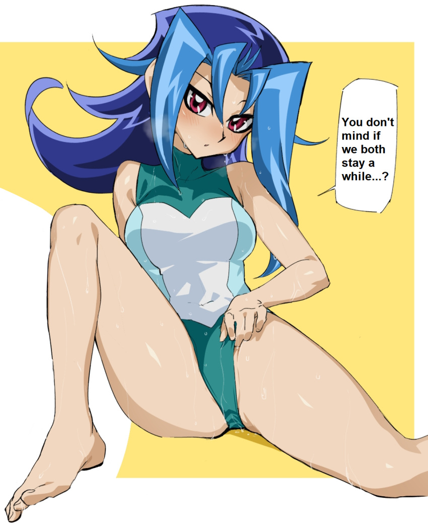 blue_hair blush breasts dntks edit female flirting flirting_with_viewer hi_res kamishiro_rio long_hair looking_at_viewer medium_breasts open_legs red_eyes rio_kamishiro solo swimsuit text translated wetting yu-gi-oh! yu-gi-oh!_zexal