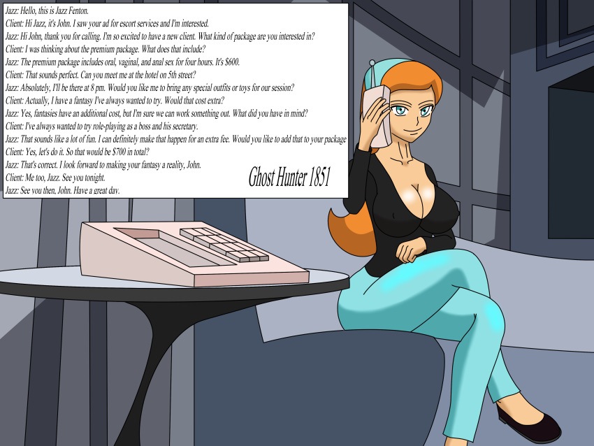 conversation danny_phantom female ghosthunter1851(artist) holding_phone huge_ass huge_breasts huge_butt imminent_sex jazz_fenton large_breasts legs_crossed nickelodeon prostitution red_hair talking_on_phone text_focus