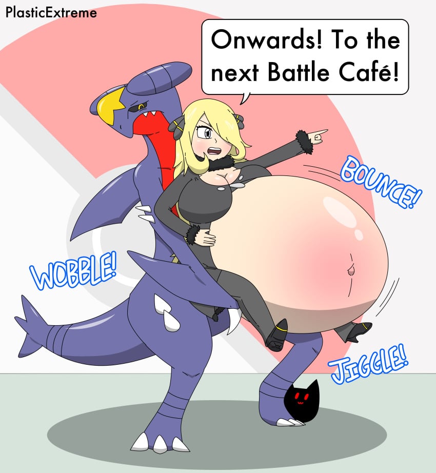 1girls bloated_belly carrying_another cynthia_(pokemon) dialogue female garchomp hyper_belly inflation plasticextreme pokémon_(species) pokemon pokemon_(species) stuffed_belly tagme