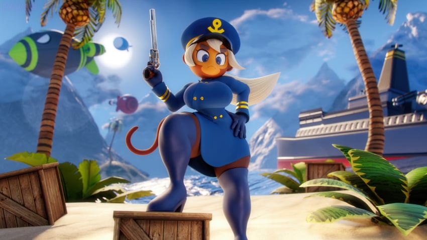 1girls 3d admiral_brickell anthro bloons_tower_defense clothed curvy daws19 female female_only hourglass_figure large_breasts monkey monkey_girl palm_tree primate revolver solo weapon wide_hips