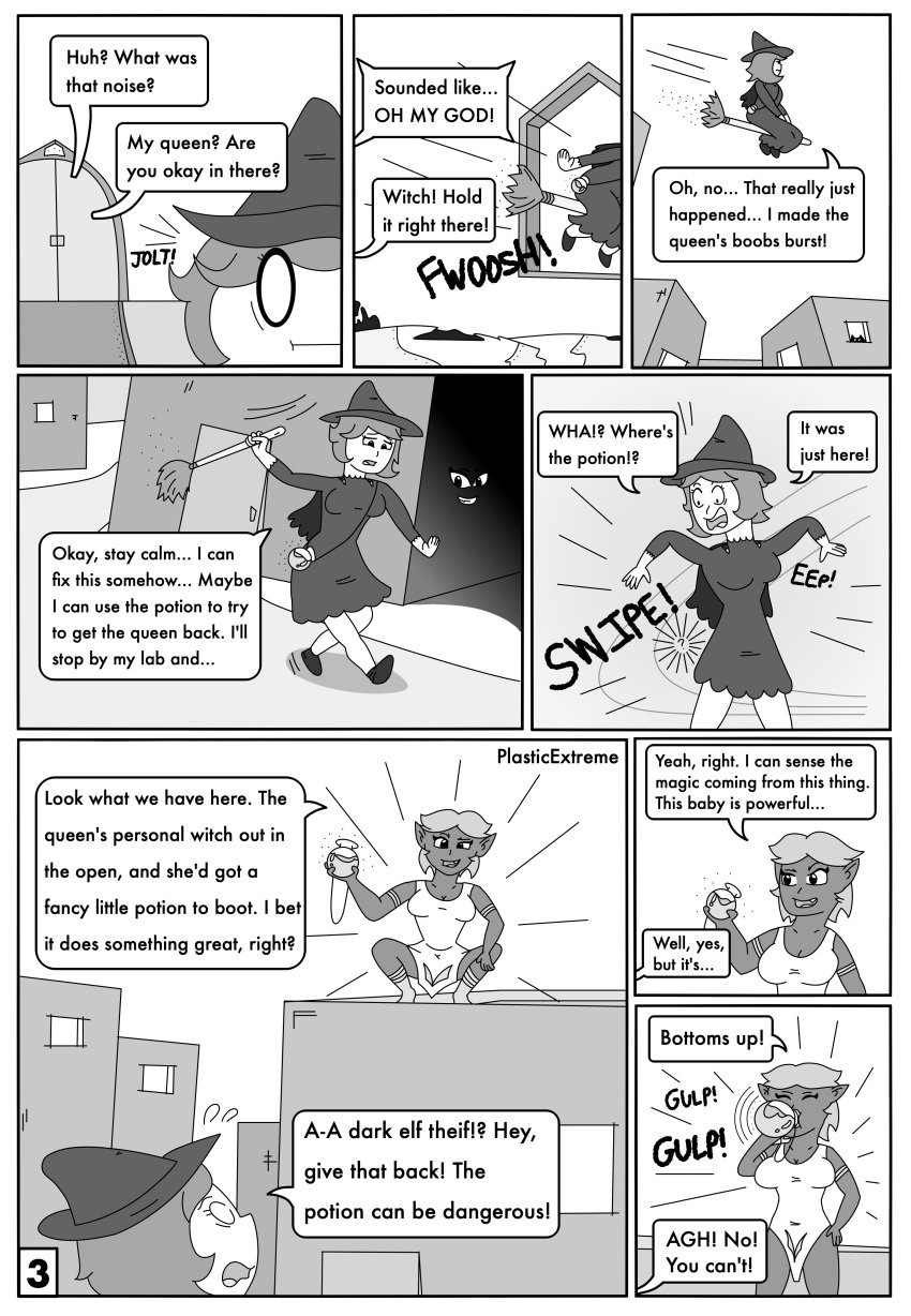 comic dark_elf dialogue drinking female greyscale monochrome page_3 plasticextreme potion stealing tagme witch