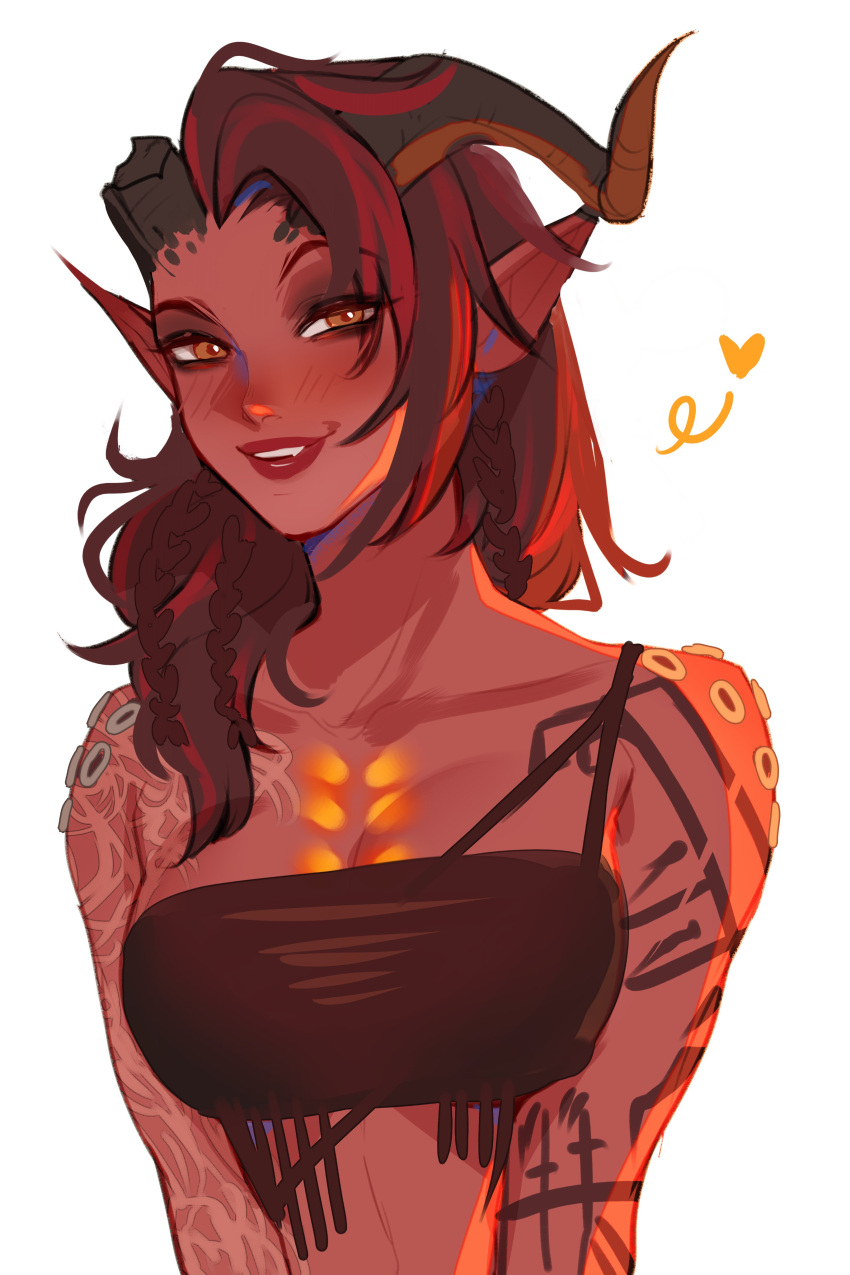 1girls absurd_res baldur's_gate baldur's_gate_3 blush body_markings broken_horn dungeons_and_dragons female female_only heart horns karlach looking_at_viewer maewix1 narrowed_eyes orange_eyes pointy_ears portrait red_skin smiling smiling_at_viewer solo tiefling white_background