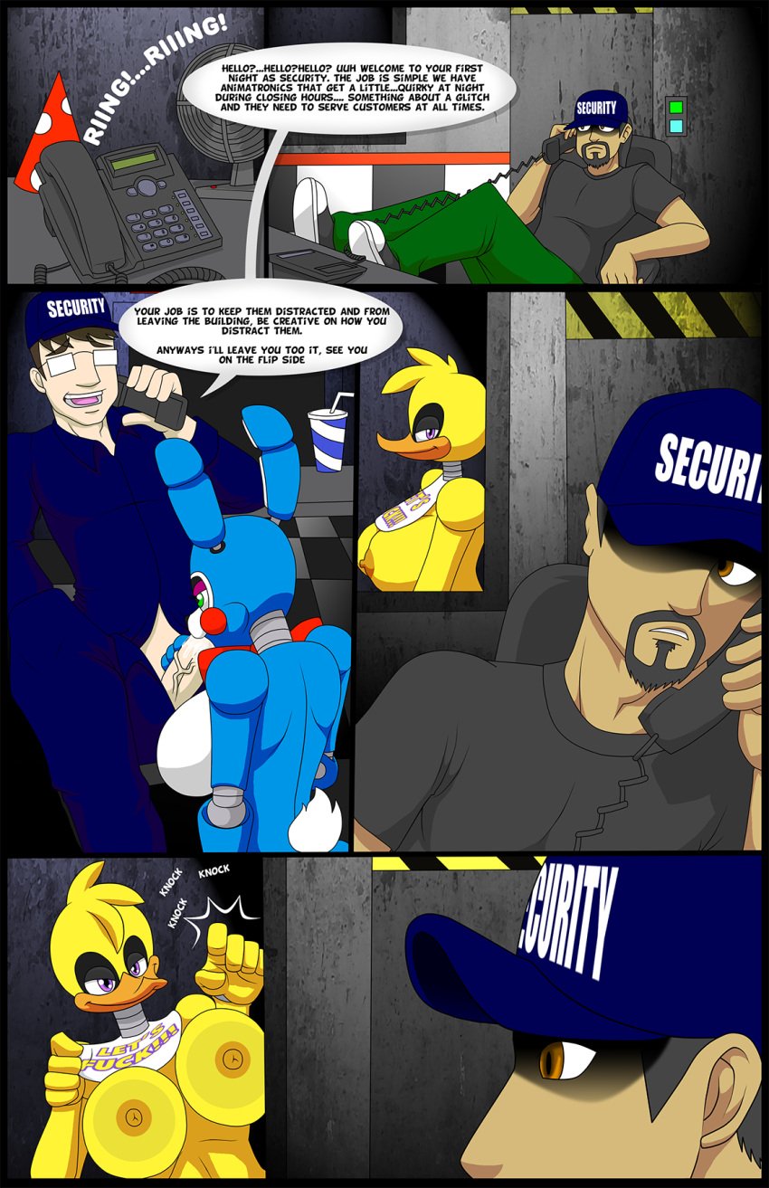 2015 animatronic anthro areola avian beak bib big_breasts bird breasts brown_eyes chica_(fnaf) chicken comic dialogue duo english_text eyewear fellatio female five_nights_at_freddy's five_nights_at_freddy's_2 glasses green_eyes hat human jeremy_fitzgerald_(fnaf) lagomorph machine male mammal mechanical nipples oral party_hat phone purple_eyes rabbit robot saliva security_guard sex straight text thegeckodemon thegeckoninja toy_bonnie_(fnaf) video_games