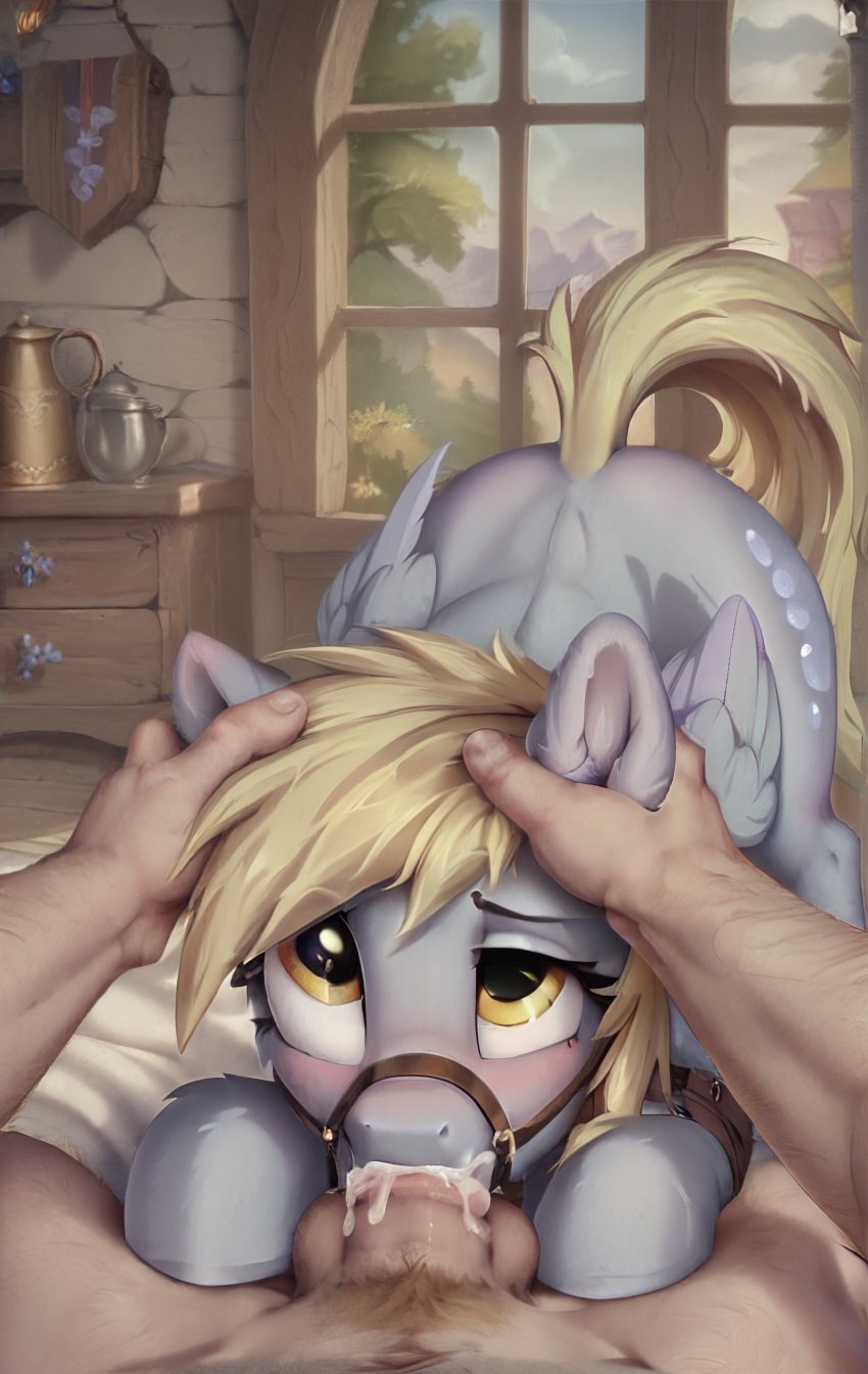 1boy 1girls ai_generated blonde_hair blush cum cum_in_mouth derpy_hooves equid equine fellatio fellatio_from_feral female female_on_human feral friendship_is_magic fur grey_body grey_fur hair hasbro horse human human_on_feral interspecies male male_human/female_feral male_on_feral mammal my_little_pony oral penis pony yellow_eyes